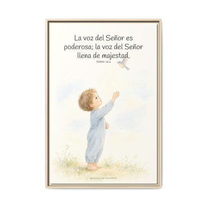 La voz de Jehová es poderosa y llena de majestad — Lienzo Cristiano Enmarcado | Salmo 29:4 — 24×36 pulgadas, marco natural, vista frontal