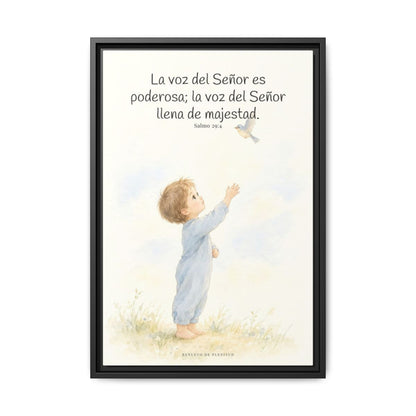 La voz de Jehová es poderosa y llena de majestad — Lienzo Cristiano Enmarcado | Salmo 29:4 — 16×24 pulgadas, marco negro, vista frontal