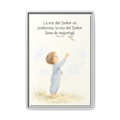 La voz de Jehová es poderosa y llena de majestad — Lienzo Cristiano Enmarcado | Salmo 29:4 — 16×24 pulgadas, marco blanco, vista frontal