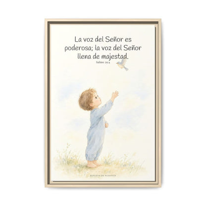 La voz de Jehová es poderosa y llena de majestad — Lienzo Cristiano Enmarcado | Salmo 29:4 — 16×24 pulgadas, marco natural, vista frontal