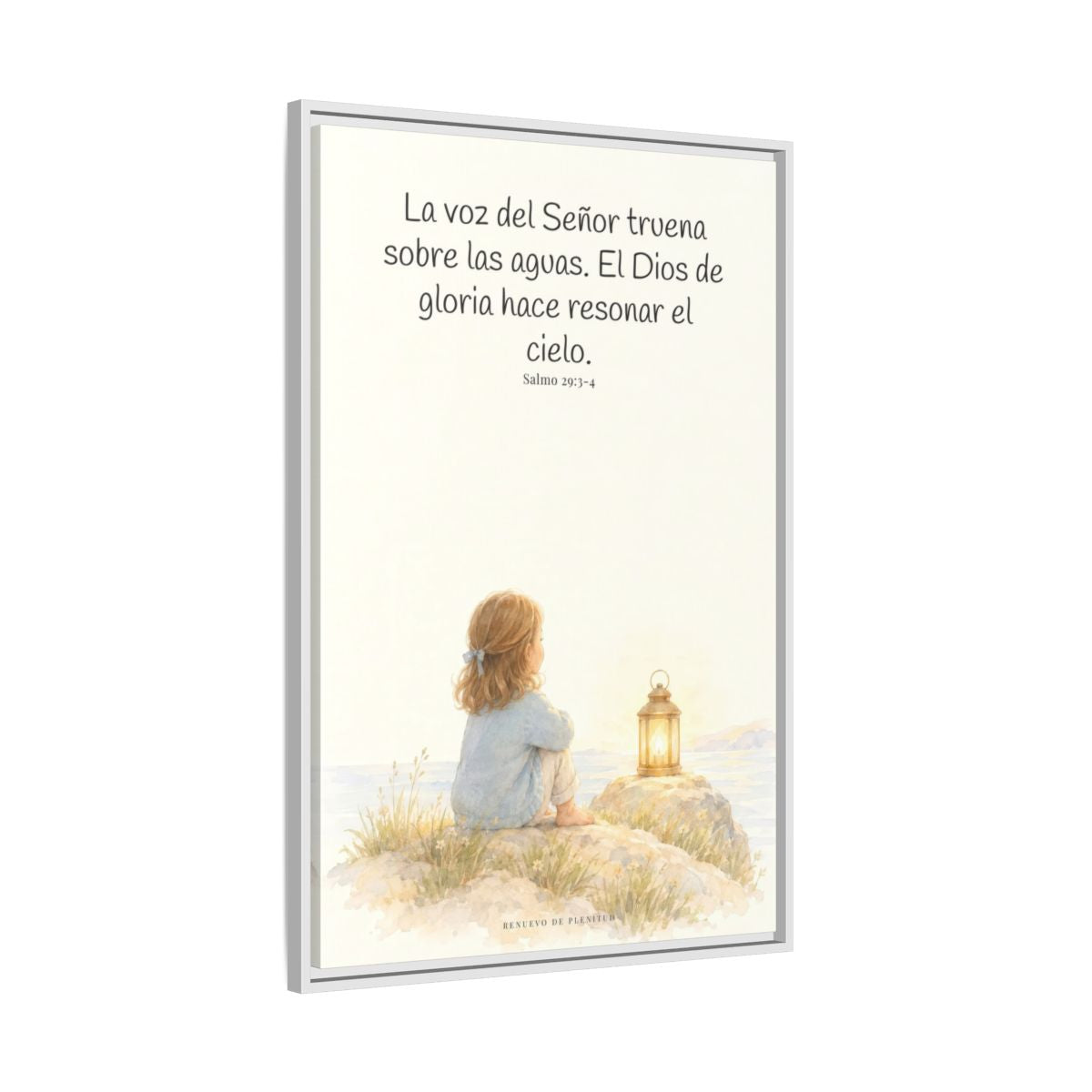 La voz de Jehová truena sobre las aguas — Lienzo Cristiano Enmarcado | Salmo 29:3-4 — 24×36 pulgadas, marco blanco, vista lateral del marco flotante