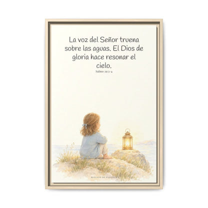 La voz de Jehová truena sobre las aguas — Lienzo Cristiano Enmarcado | Salmo 29:3-4 — 16×24 pulgadas, marco natural, vista frontal