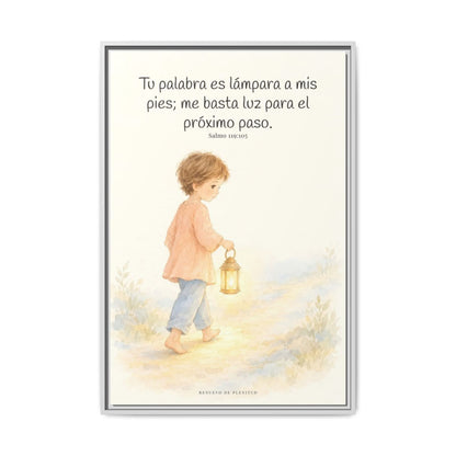 Lámpara es tu palabra a mis pies — Lienzo Cristiano Enmarcado | Salmo 119:105 — 24×36 pulgadas, marco blanco, vista frontal
