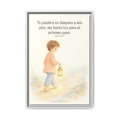 Lámpara es tu palabra a mis pies — Lienzo Cristiano Enmarcado | Salmo 119:105 — 16×24 pulgadas, marco blanco, vista frontal