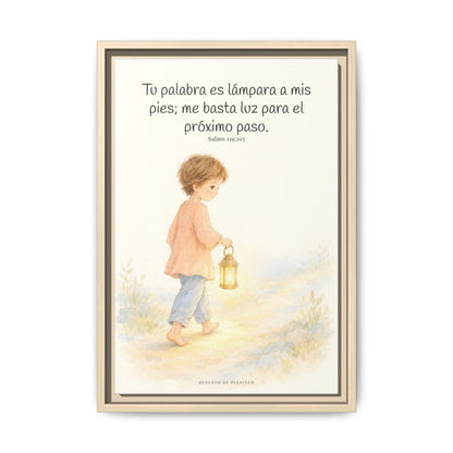 Lámpara es tu palabra a mis pies — Lienzo Cristiano Enmarcado | Salmo 119:105 — 12×18 pulgadas, marco natural, vista frontal