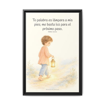 Lámpara es tu palabra a mis pies — Lienzo Cristiano Enmarcado | Salmo 119:105 — 16×24 pulgadas, marco negro, vista frontal