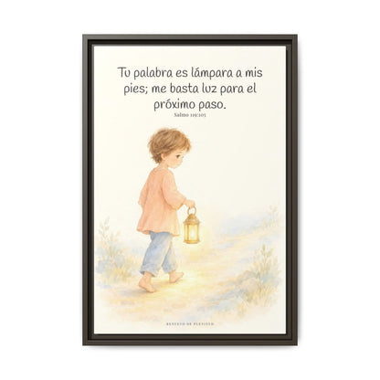 Lámpara es tu palabra a mis pies — Lienzo Cristiano Enmarcado | Salmo 119:105 — 16×24 pulgadas, marco espresso, vista frontal