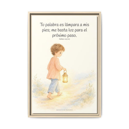 Lámpara es tu palabra a mis pies — Lienzo Cristiano Enmarcado | Salmo 119:105 — 16×24 pulgadas, marco natural, vista frontal