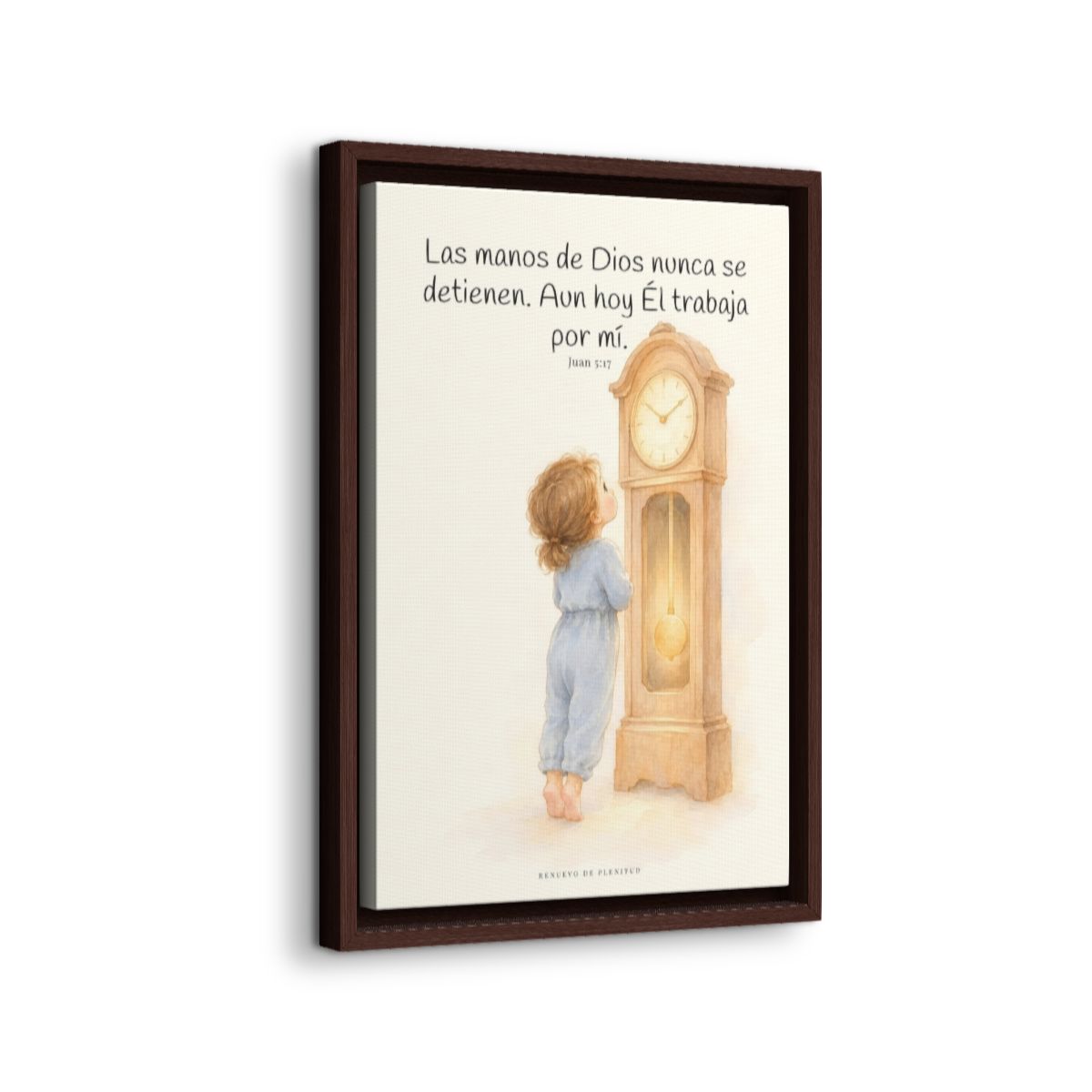 Las manos de Dios no se detienen por mí | Arte bíblico para pared | Juan 5:17 — 12×18 pulgadas, marco espresso, vista lateral del marco flotante