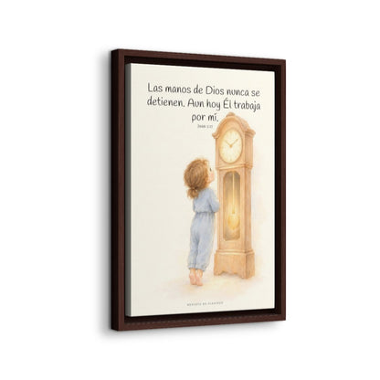 Las manos de Dios no se detienen por mí | Arte bíblico para pared | Juan 5:17 — 12×18 pulgadas, marco espresso, vista lateral del marco flotante