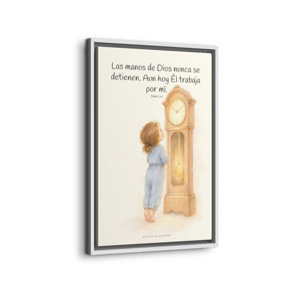 Las manos de Dios no se detienen por mí | Arte bíblico para pared | Juan 5:17 — 16×24 pulgadas, marco blanco, vista lateral del marco flotante