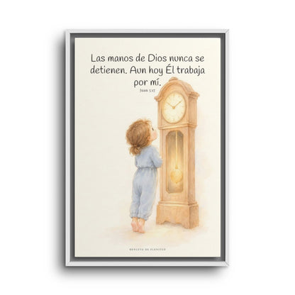 Las manos de Dios no se detienen por mí | Arte bíblico para pared | Juan 5:17 — 16×24 pulgadas, marco blanco, vista frontal