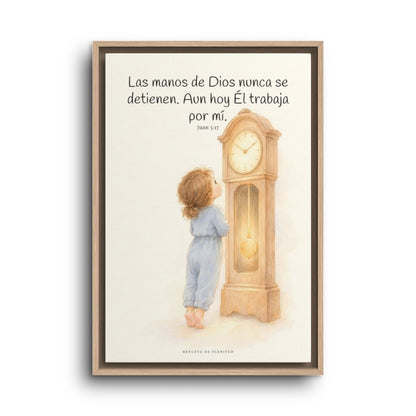 Las manos de Dios no se detienen por mí | Arte bíblico para pared | Juan 5:17 — 16×24 pulgadas, marco natural, vista frontal