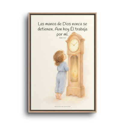 Las manos de Dios no se detienen por mí | Arte bíblico para pared | Juan 5:17 — 24×36 pulgadas, marco natural, vista frontal
