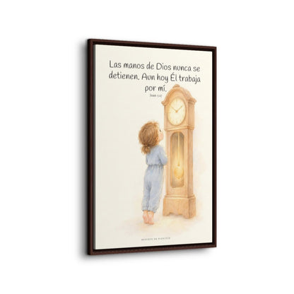 Las manos de Dios no se detienen por mí | Arte bíblico para pared | Juan 5:17 — 24×36 pulgadas, marco espresso, vista lateral del marco flotante