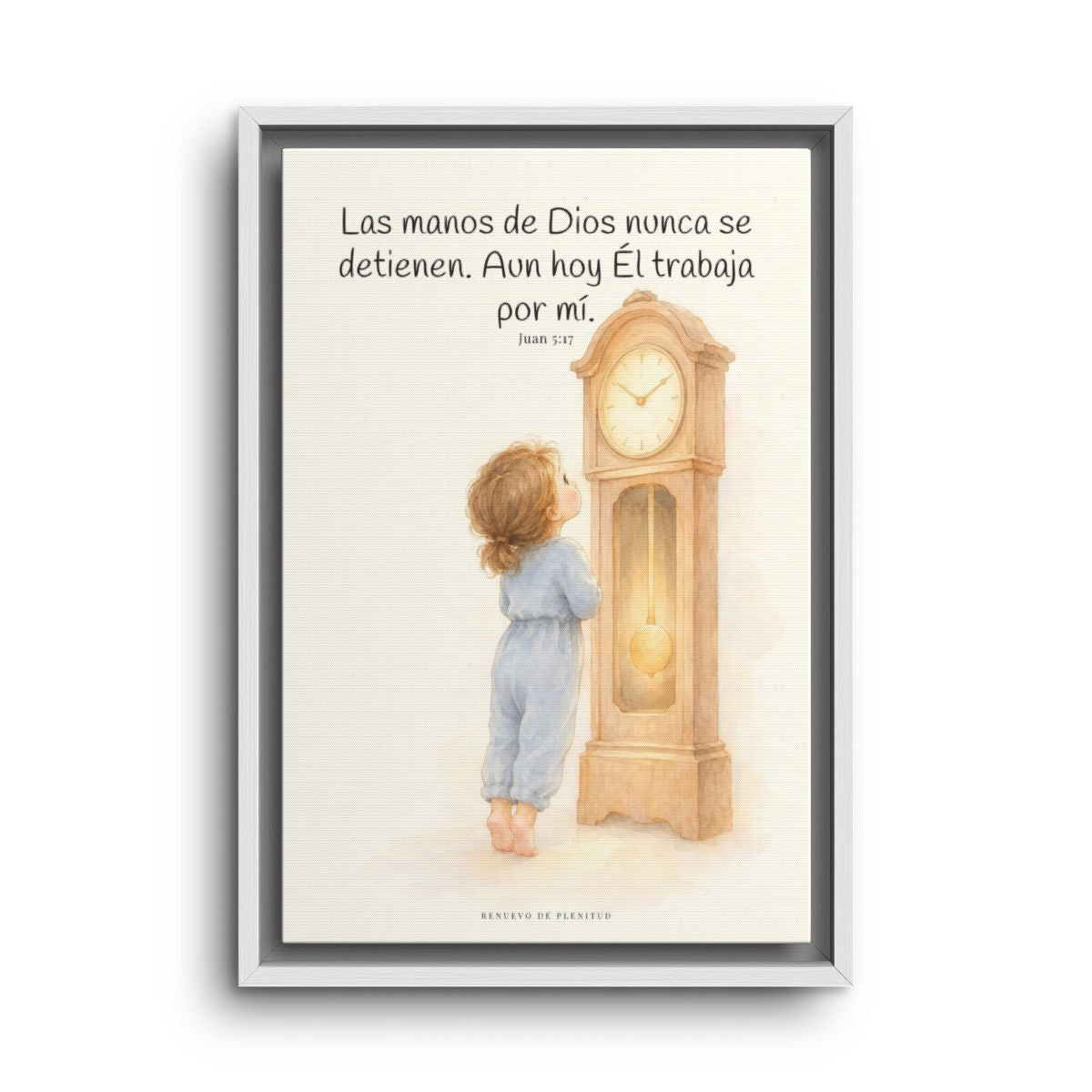 Las manos de Dios no se detienen por mí | Arte bíblico para pared | Juan 5:17 — 12×18 pulgadas, marco blanco, vista frontal