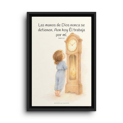 Las manos de Dios no se detienen por mí | Arte bíblico para pared | Juan 5:17 — 12×18 pulgadas, marco negro, vista frontal