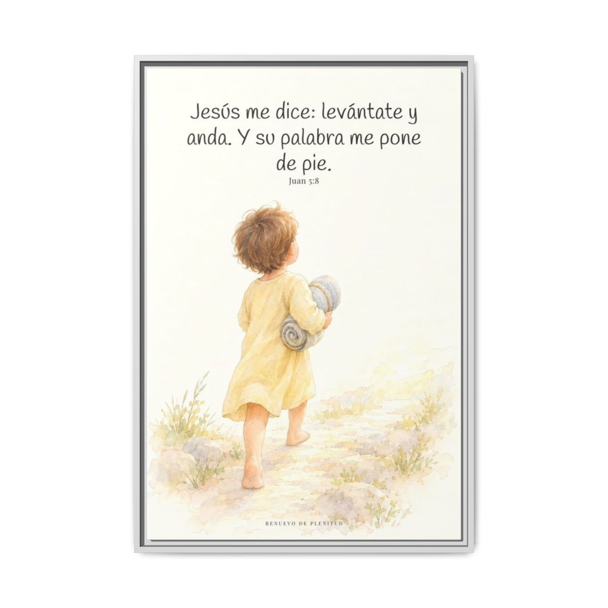 Levántate, toma tu lecho y anda — Lienzo Cristiano Enmarcado | Juan 5:8 — 24×36 pulgadas, marco blanco, vista frontal