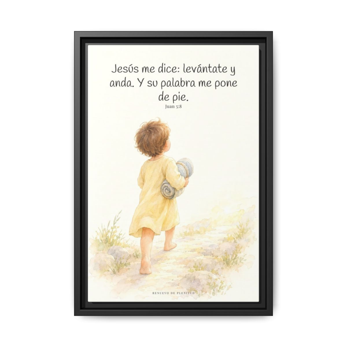 Levántate, toma tu lecho y anda — Lienzo Cristiano Enmarcado | Juan 5:8 — 12×18 pulgadas, marco negro, vista frontal