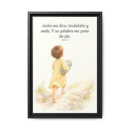 Levántate, toma tu lecho y anda — Lienzo Cristiano Enmarcado | Juan 5:8 — 12×18 pulgadas, marco negro, vista frontal