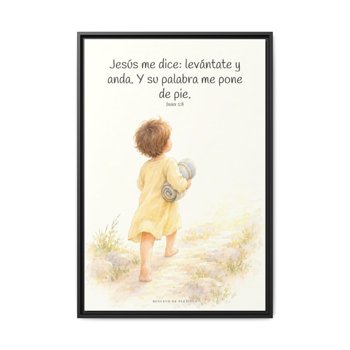 Levántate, toma tu lecho y anda — Lienzo Cristiano Enmarcado | Juan 5:8 — 24×36 pulgadas, marco negro, vista frontal
