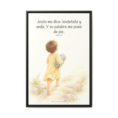 Levántate, toma tu lecho y anda — Lienzo Cristiano Enmarcado | Juan 5:8 — 24×36 pulgadas, marco negro, vista frontal