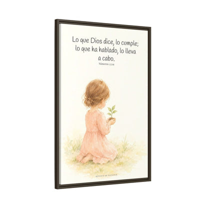 Lo que Dios dice, lo hace — Lienzo Cristiano Enmarcado | Números 23:19 — 24×36 pulgadas, marco espresso, vista lateral del marco flotante