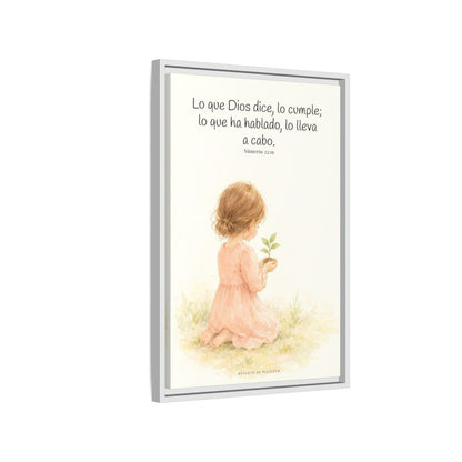 Lo que Dios dice, lo hace — Lienzo Cristiano Enmarcado | Números 23:19 — 16×24 pulgadas, marco blanco, vista lateral del marco flotante
