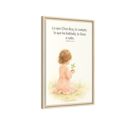 Lo que Dios dice, lo hace — Lienzo Cristiano Enmarcado | Números 23:19 — 16×24 pulgadas, marco natural, vista lateral del marco flotante