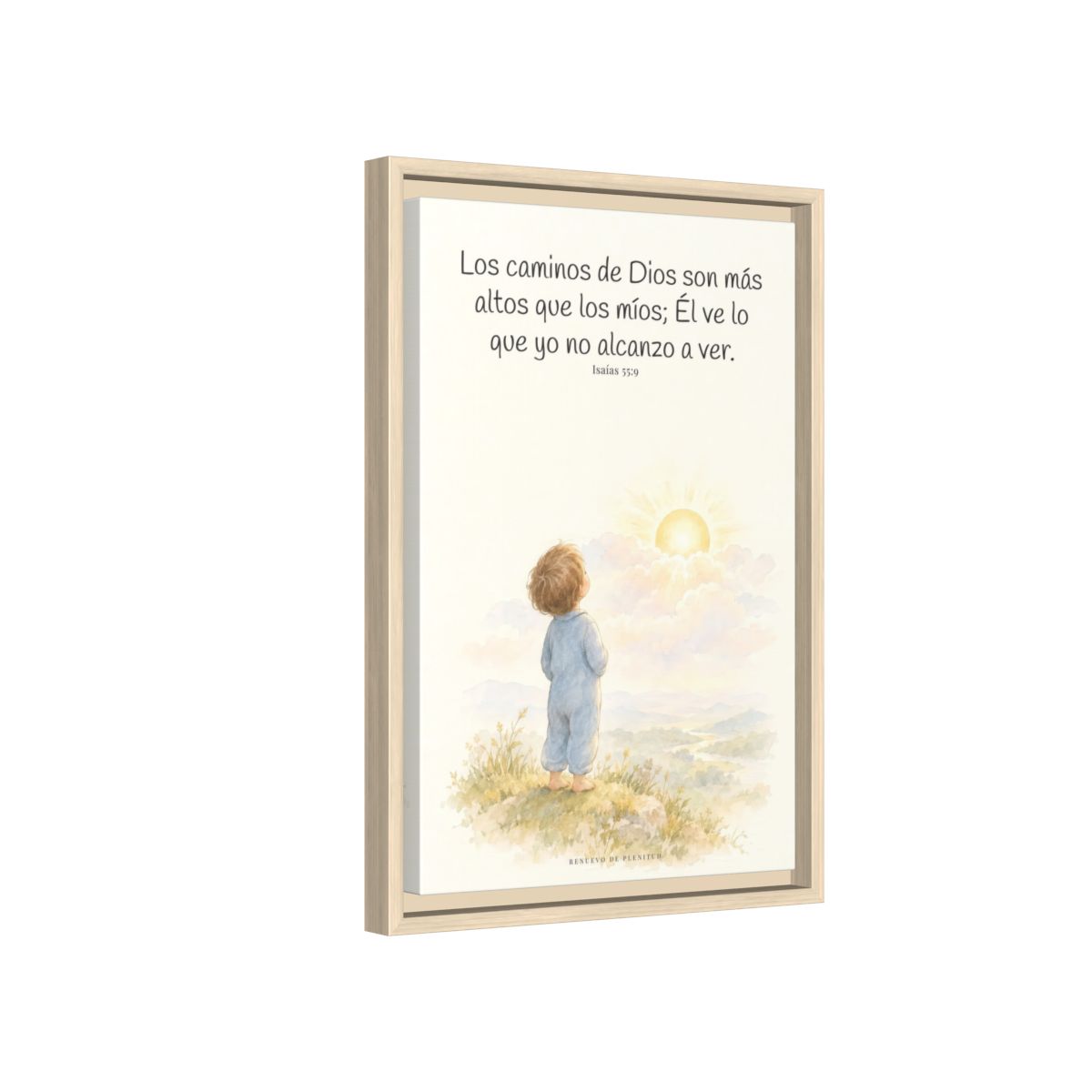 Los pensamientos de Dios son más altos que los míos — Lienzo Cristiano Enmarcado | Isaías 55:9 — 12×18 pulgadas, marco natural, vista lateral del marco flotante