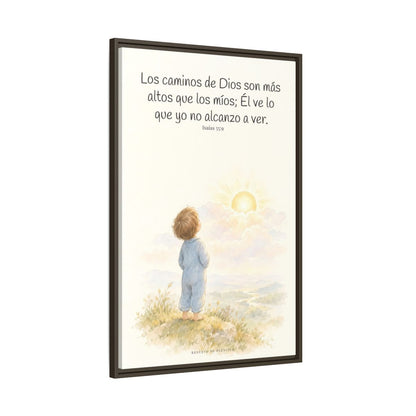 Los pensamientos de Dios son más altos que los míos — Lienzo Cristiano Enmarcado | Isaías 55:9 — 24×36 pulgadas, marco espresso, vista lateral del marco flotante