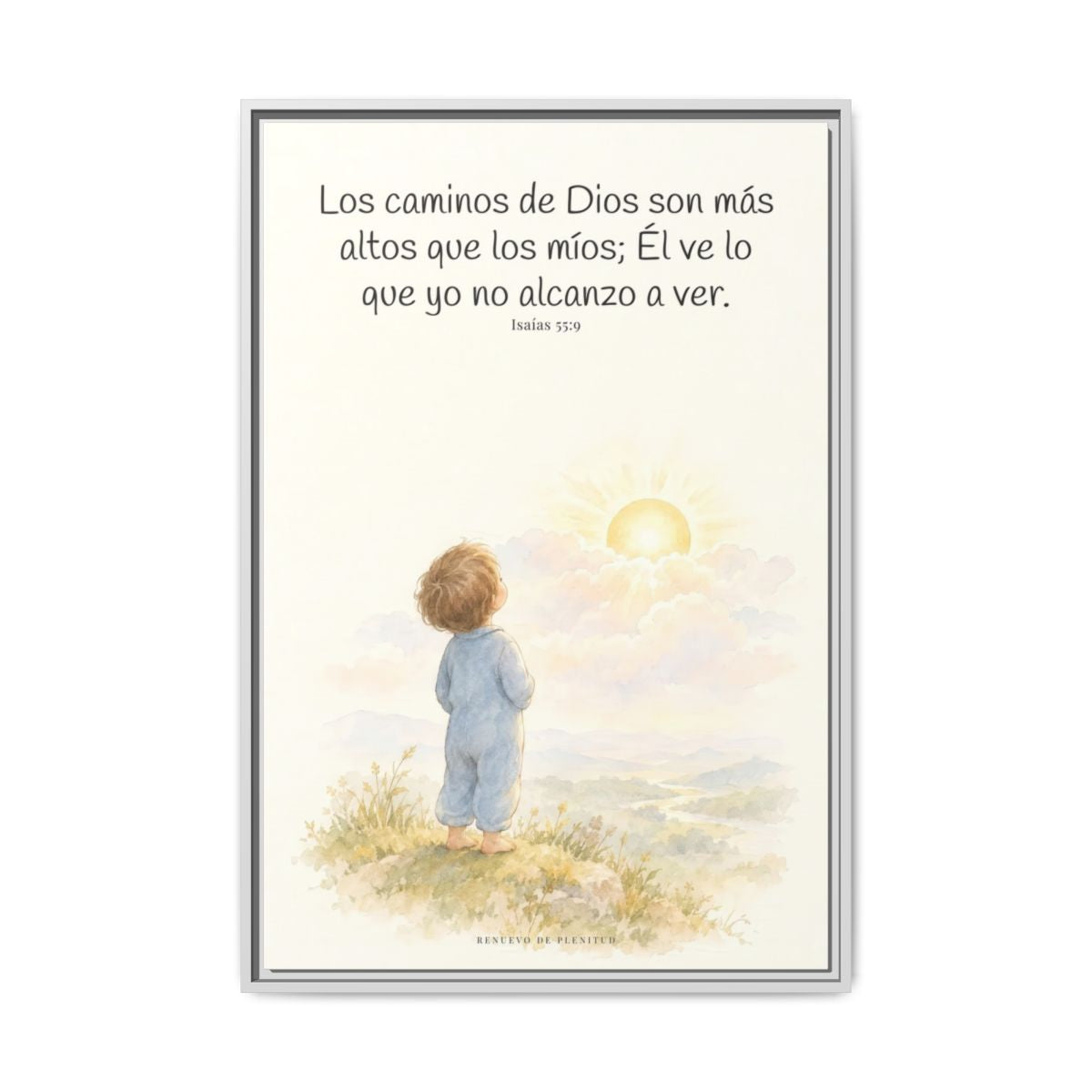 Los pensamientos de Dios son más altos que los míos — Lienzo Cristiano Enmarcado | Isaías 55:9 — 24×36 pulgadas, marco blanco, vista frontal