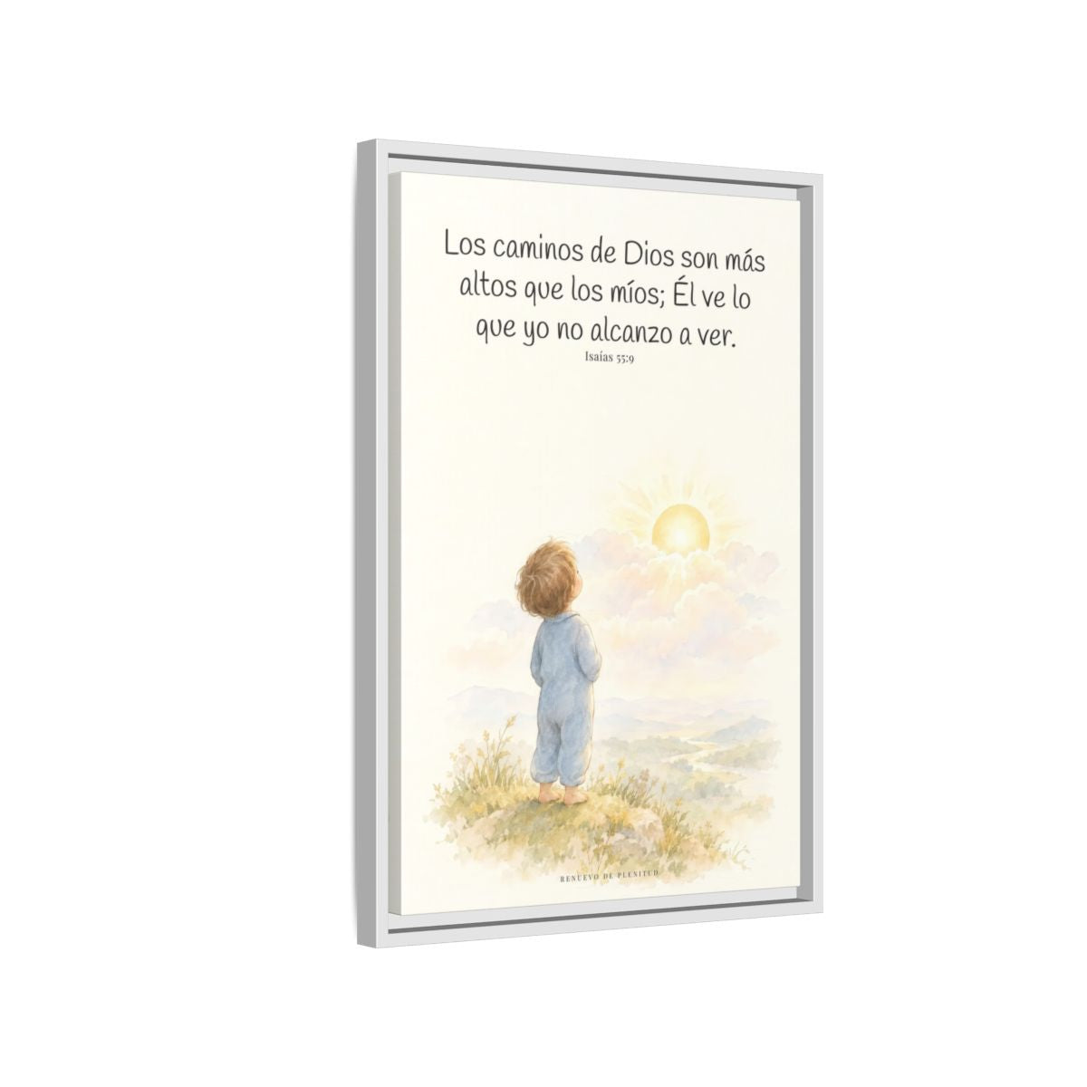 Los pensamientos de Dios son más altos que los míos — Lienzo Cristiano Enmarcado | Isaías 55:9 — 16×24 pulgadas, marco blanco, vista lateral del marco flotante