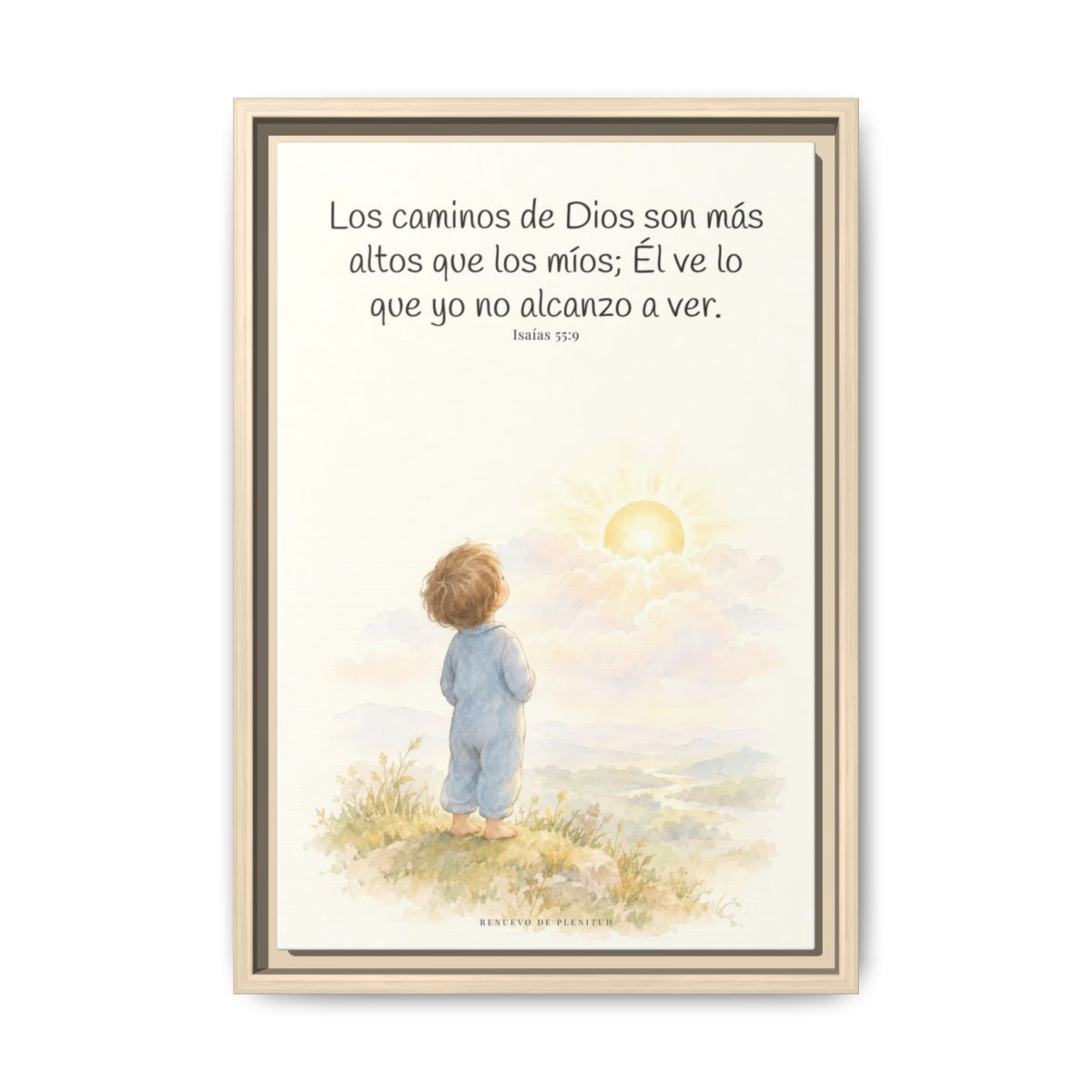Los pensamientos de Dios son más altos que los míos — Lienzo Cristiano Enmarcado | Isaías 55:9 — 12×18 pulgadas, marco natural, vista frontal