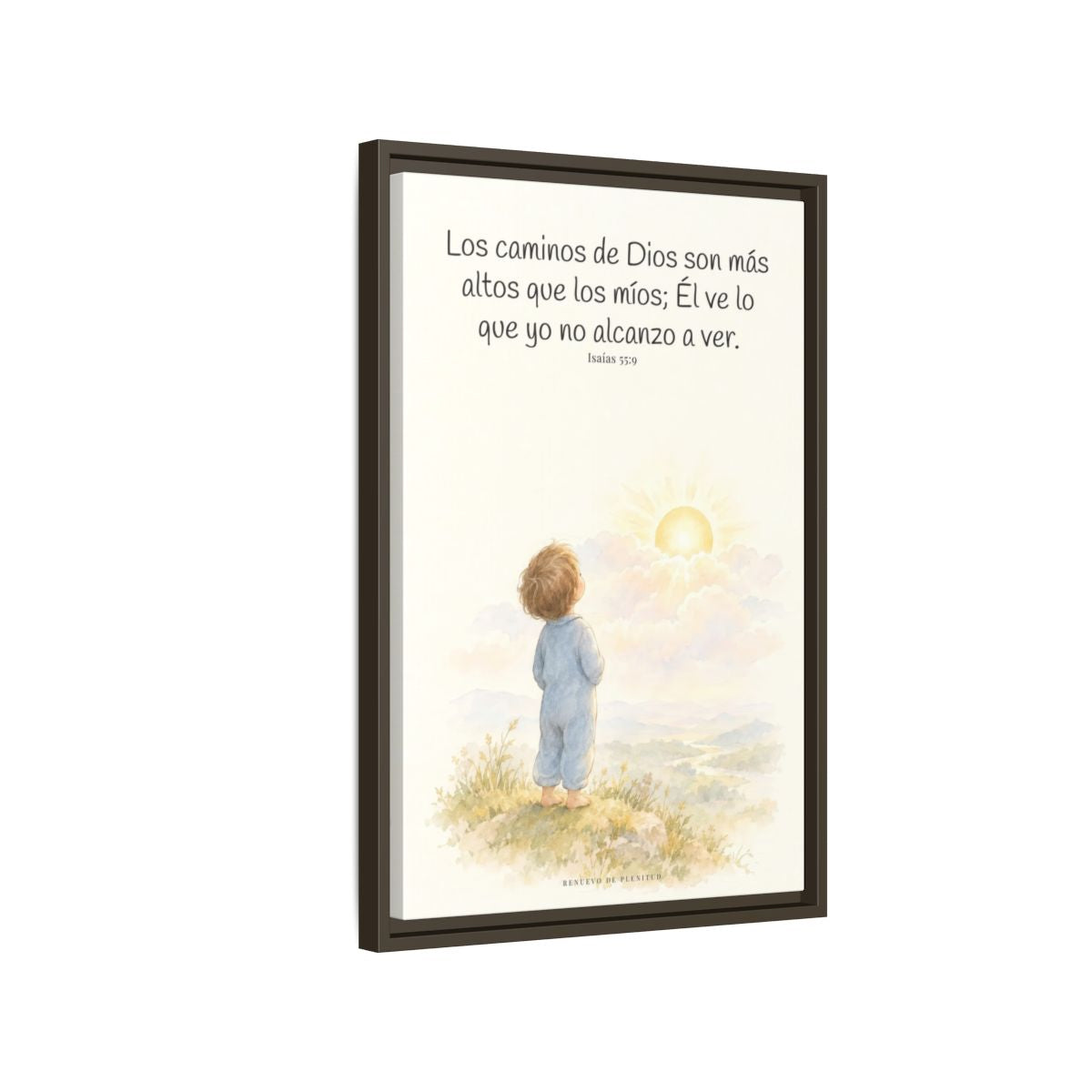 Los pensamientos de Dios son más altos que los míos — Lienzo Cristiano Enmarcado | Isaías 55:9 — 16×24 pulgadas, marco espresso, vista lateral del marco flotante