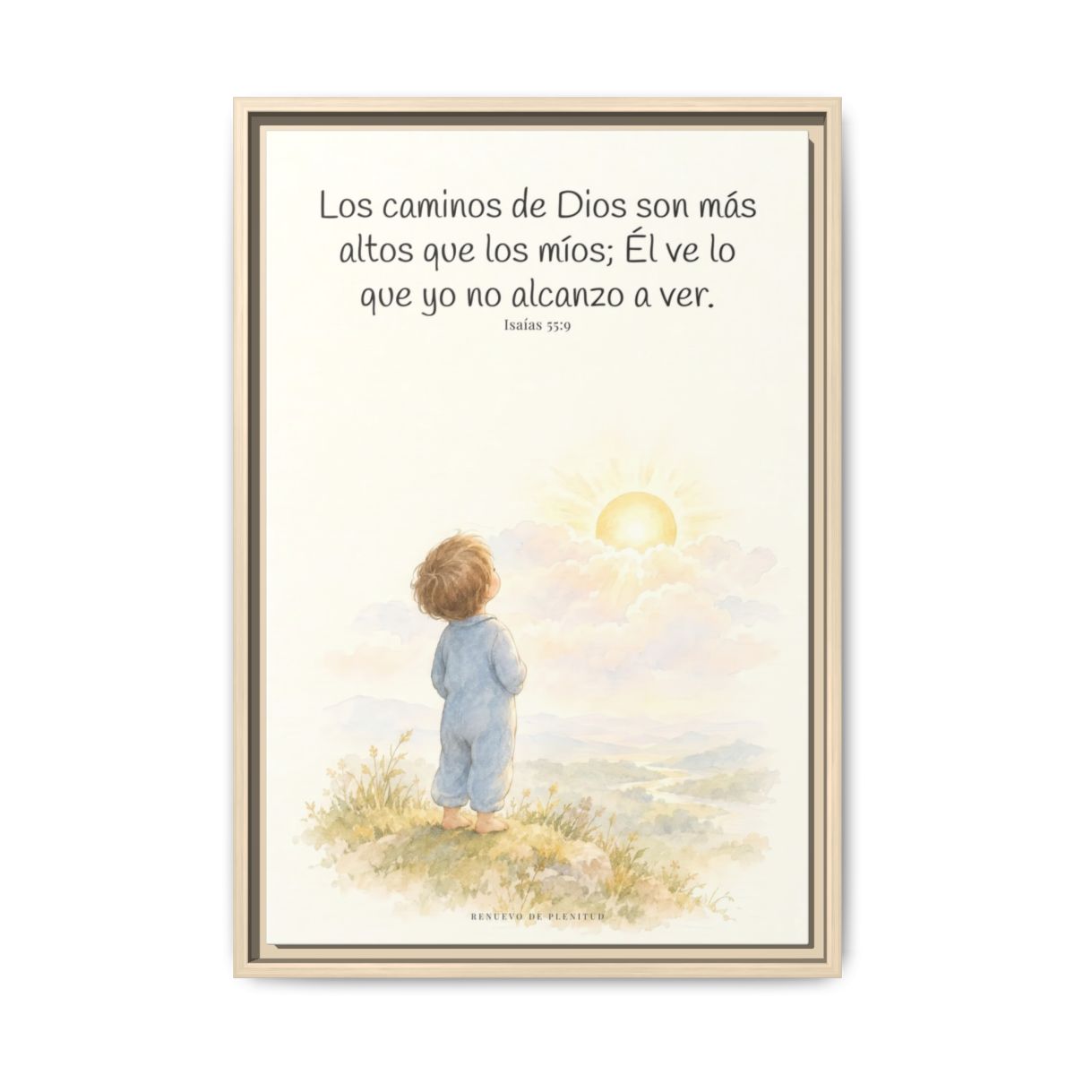 Los pensamientos de Dios son más altos que los míos — Lienzo Cristiano Enmarcado | Isaías 55:9 — 16×24 pulgadas, marco natural, vista frontal