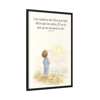 Los pensamientos de Dios son más altos que los míos — Lienzo Cristiano Enmarcado | Isaías 55:9 — 24×36 pulgadas, marco negro, vista lateral del marco flotante