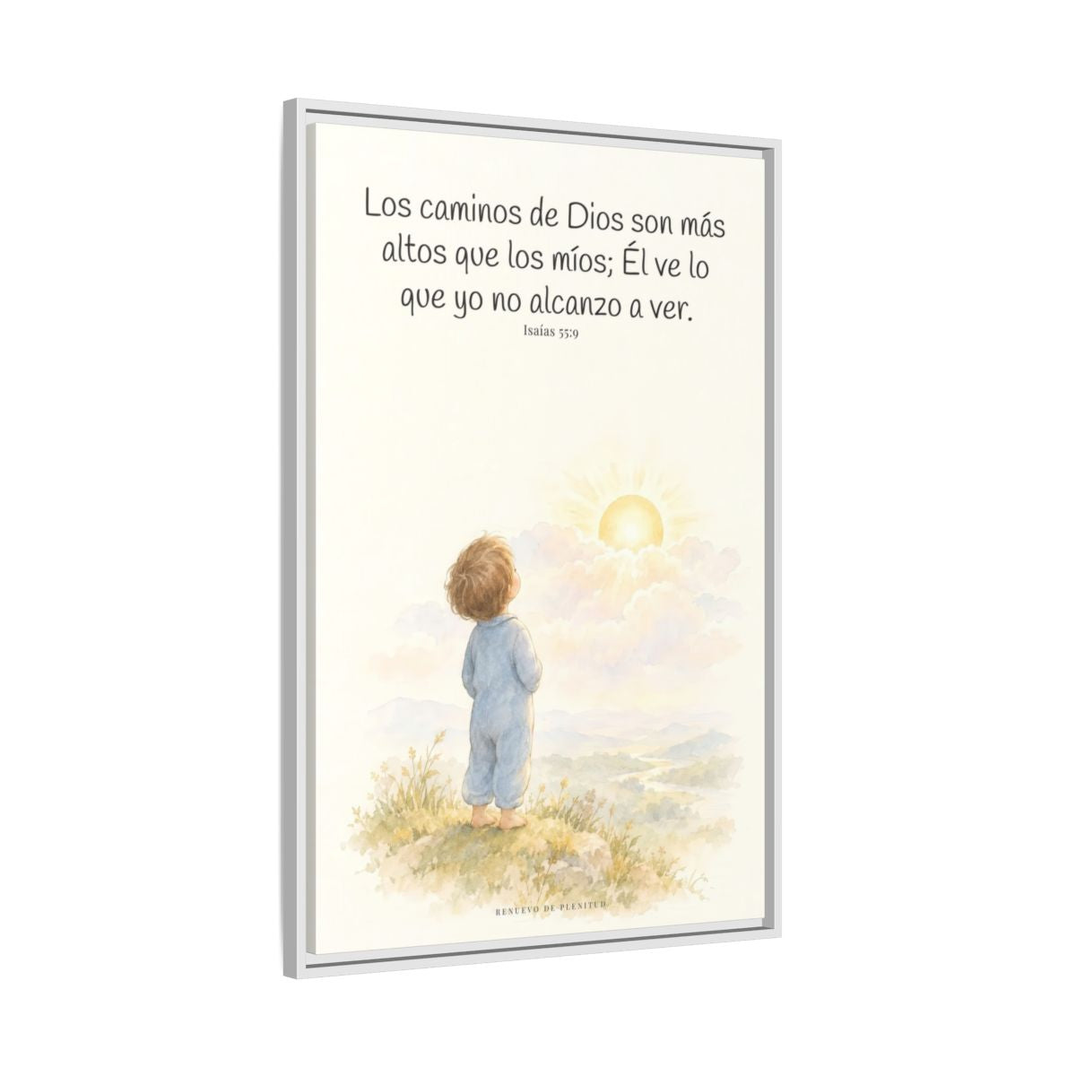 Los pensamientos de Dios son más altos que los míos — Lienzo Cristiano Enmarcado | Isaías 55:9 — 24×36 pulgadas, marco blanco, vista lateral del marco flotante