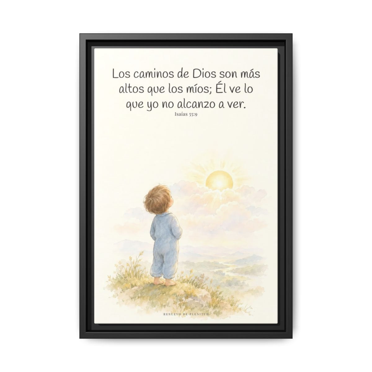 Los pensamientos de Dios son más altos que los míos — Lienzo Cristiano Enmarcado | Isaías 55:9 — 12×18 pulgadas, marco negro, vista frontal