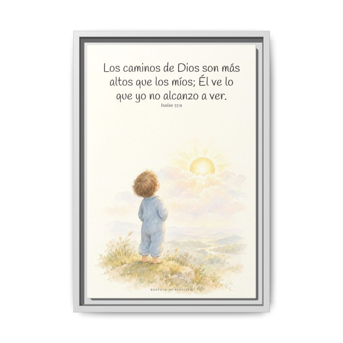 Los pensamientos de Dios son más altos que los míos — Lienzo Cristiano Enmarcado | Isaías 55:9 — 12×18 pulgadas, marco blanco, vista frontal