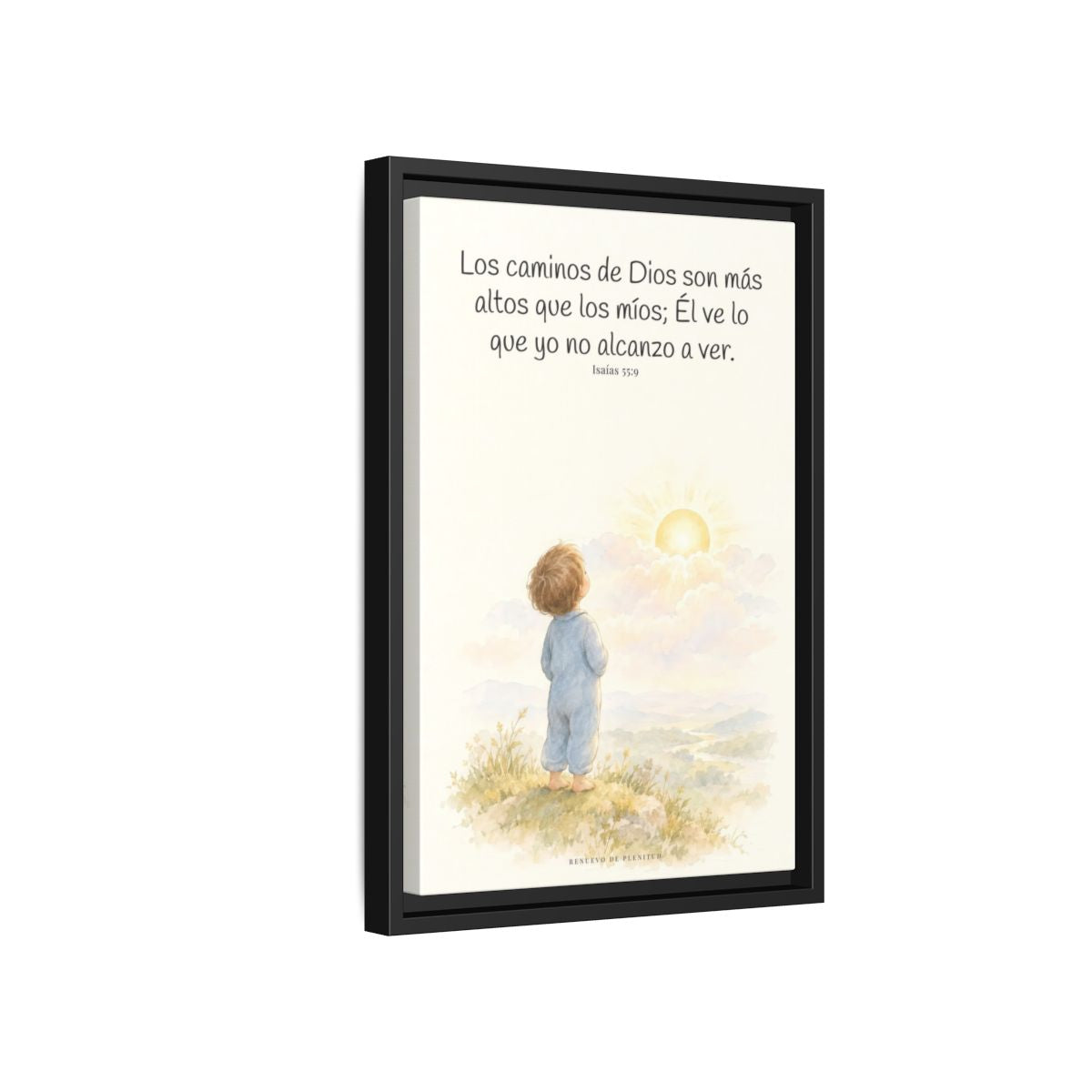 Los pensamientos de Dios son más altos que los míos — Lienzo Cristiano Enmarcado | Isaías 55:9 — 12×18 pulgadas, marco negro, vista lateral del marco flotante