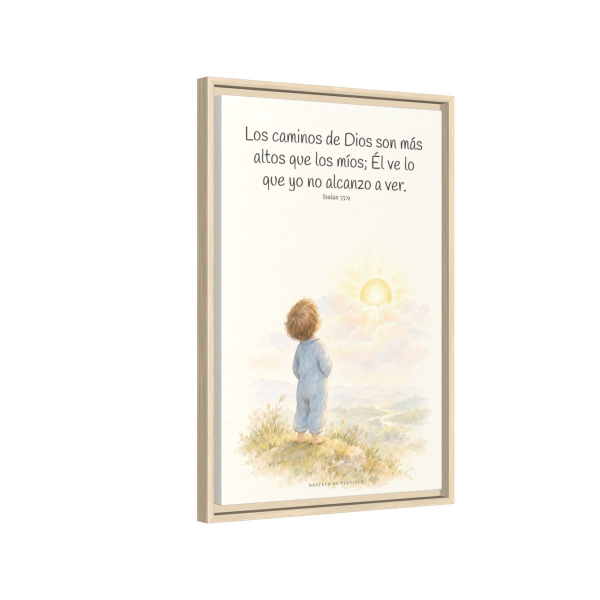 Los pensamientos de Dios son más altos que los míos — Lienzo Cristiano Enmarcado | Isaías 55:9 — 16×24 pulgadas, marco natural, vista lateral del marco flotante