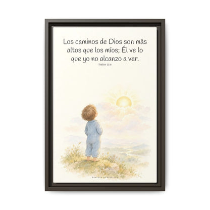 Los pensamientos de Dios son más altos que los míos — Lienzo Cristiano Enmarcado | Isaías 55:9 — 12×18 pulgadas, marco espresso, vista frontal