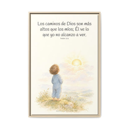 Los pensamientos de Dios son más altos que los míos — Lienzo Cristiano Enmarcado | Isaías 55:9 — 24×36 pulgadas, marco natural, vista frontal
