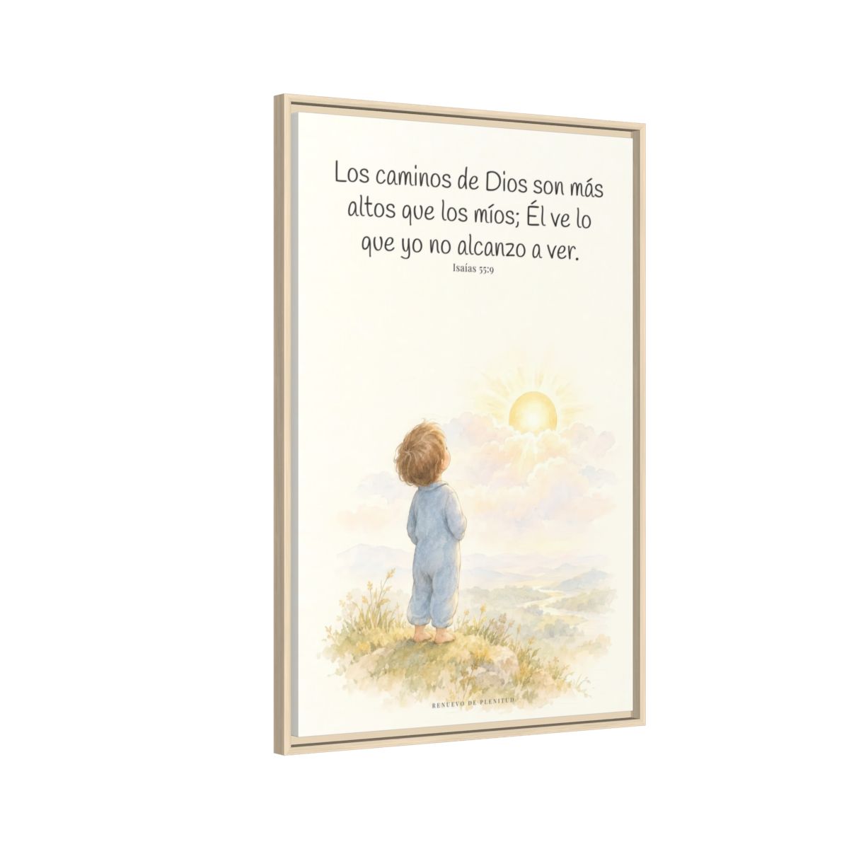 Los pensamientos de Dios son más altos que los míos — Lienzo Cristiano Enmarcado | Isaías 55:9 — 24×36 pulgadas, marco natural, vista lateral del marco flotante