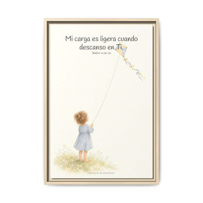 Mi carga es ligera cuando descanso en Ti — Lienzo Cristiano Enmarcado | Mateo 11:29-30 — 16×24 pulgadas, marco natural, vista frontal
