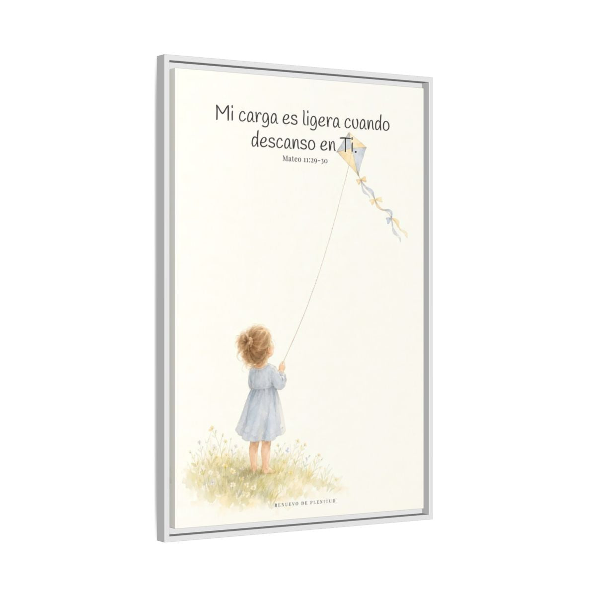 Mi carga es ligera cuando descanso en Ti — Lienzo Cristiano Enmarcado | Mateo 11:29-30 — 24×36 pulgadas, marco blanco, vista lateral del marco flotante