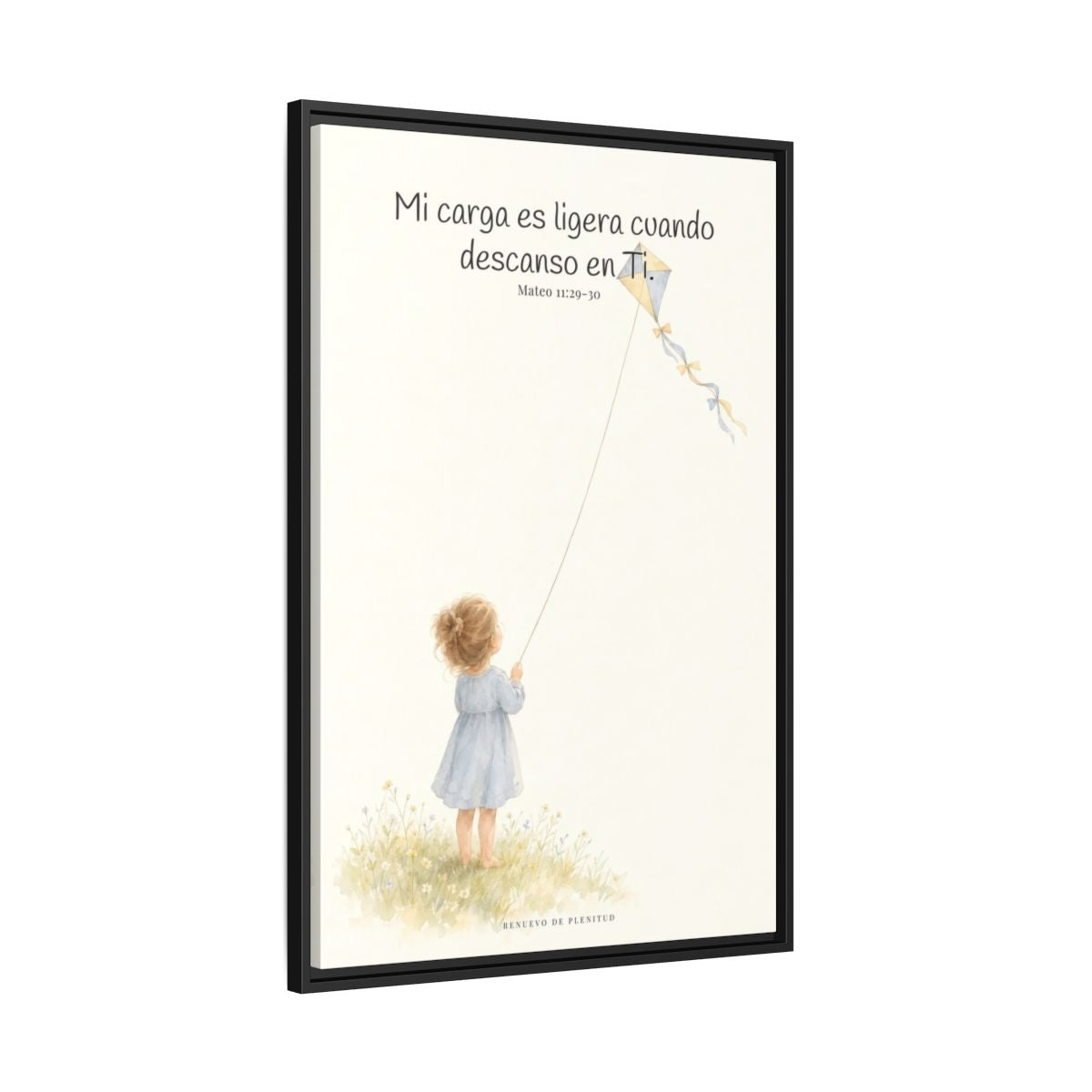 Mi carga es ligera cuando descanso en Ti — Lienzo Cristiano Enmarcado | Mateo 11:29-30 — 24×36 pulgadas, marco negro, vista lateral del marco flotante