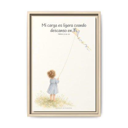 Mi carga es ligera cuando descanso en Ti — Lienzo Cristiano Enmarcado | Mateo 11:29-30 — 12×18 pulgadas, marco natural, vista frontal