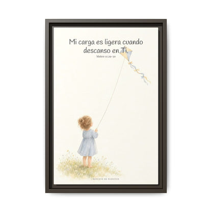 Mi carga es ligera cuando descanso en Ti — Lienzo Cristiano Enmarcado | Mateo 11:29-30 — 12×18 pulgadas, marco espresso, vista frontal